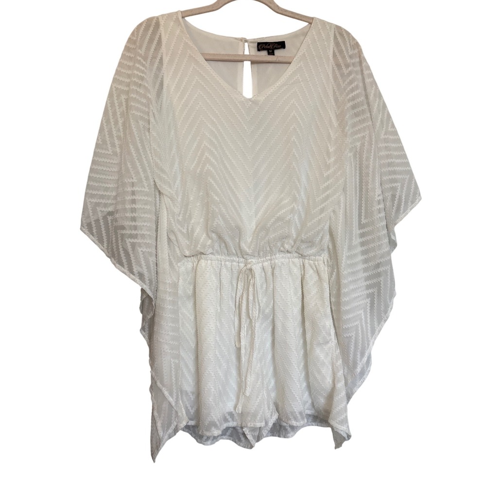 Petal Roz White Chevron Butterfly Sleeve Romper Womens Medium V-Neck Lined Boho